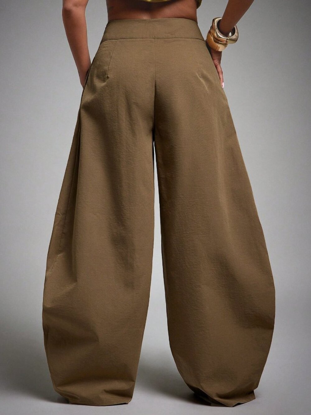 Brown Elegant Women's Draped High Waist Loose Extra Long Plain Trousers - Picture 2 of 5